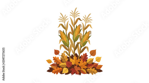 Fotografi Autumn Harvest Corn Stalks and Colorful Fall Leaves Isolated