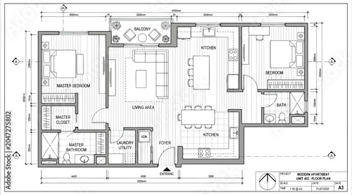 Foto Architectural floor plan of a modern apartment unit with master bedroom, kitchen