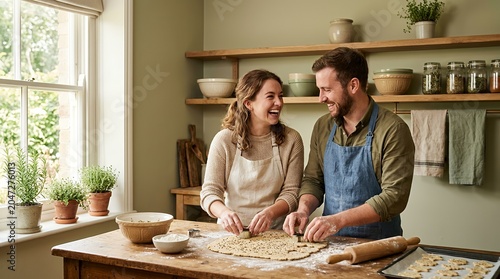 Happy Couple Baking Cookies Together in a Rustic Kitchen