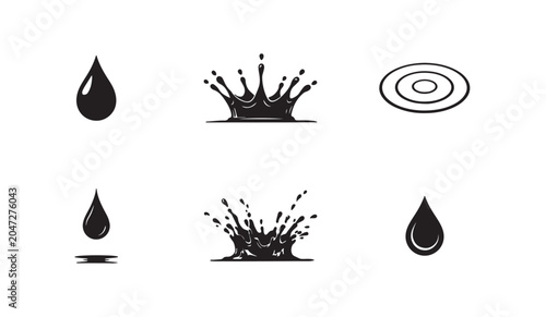 Set of water splash and drop icons illustrating liquid impact and fluid ripple phenomena.