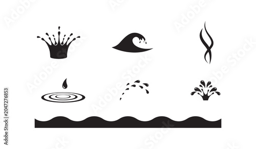 Tableau sur toile Water splash, wave and ripple black icon set isolated on transparent background vector