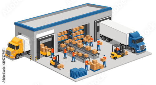Obraz na płótnie Workers unload boxes from trucks to warehouse storage area efficiently