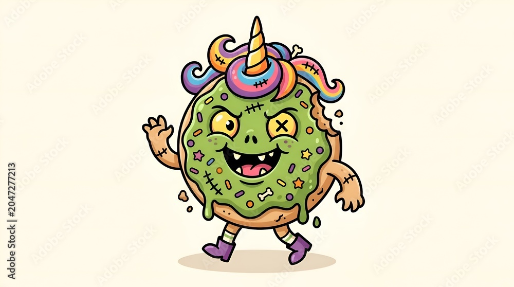 Fototapeta premium Zombie Unicorn Donut Mascot - Cute vector illustration of a green zombie donut monster character waving.