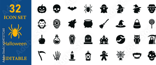 Halloween icon set 32 editable symbols