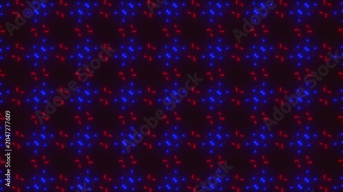 Abstract neon geometric pattern with glowing red and blue light particles, futuristic dark background for technology and digital design. Ideal for technology-themed presentations, digital interfaces.