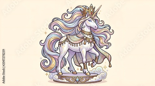 Majestic Unicorn Queen with Ornate Golden Crown and Royal Cape - Fantasy Vector Illustration
