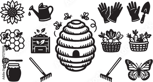Beekeeping and gardening icons in black and white