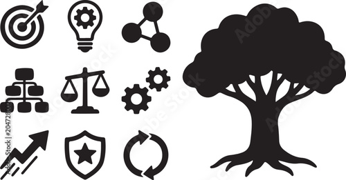 Black icons and tree on white background
