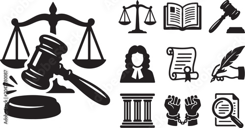 Justice and law icons in black and white
