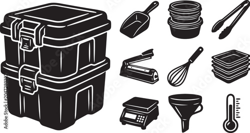 Black and white illustration of kitchen tools set