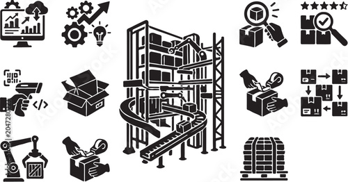 Industrial factory production line and quality control icons