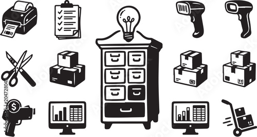 Business and office supply icons on white background