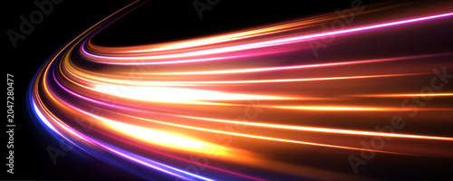 Sports light lines with neon effect in hay red and pink. Energy flow tunnel. Vector dark blue abstract background with ultraviolet neon glow, blurry light lines, waves. Abstract futuristic background.