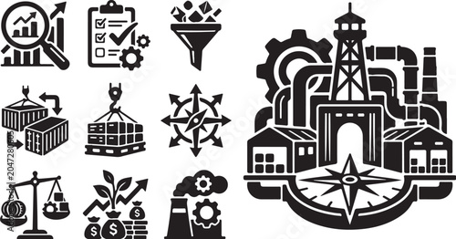 Industrial icons and symbols in black and white