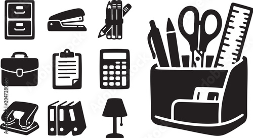 Office Supplies and Stationery Icons in Black