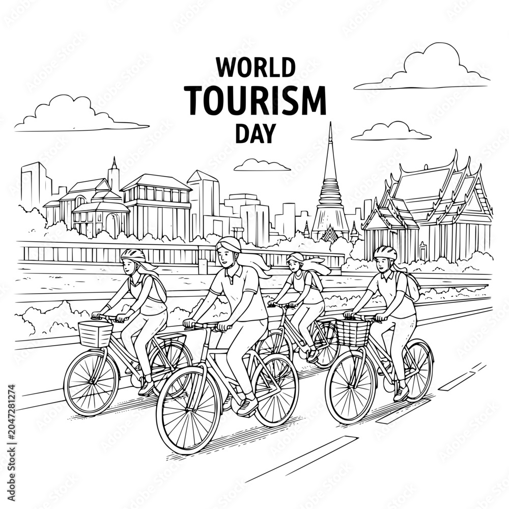 Naklejka premium World Tourism Day vector illustration, cycling in Bangkok