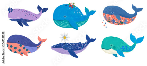 Cute cartoon whale set on transparent PNG background, colorful hand drawn whales collection isolated decorative illustration clipart