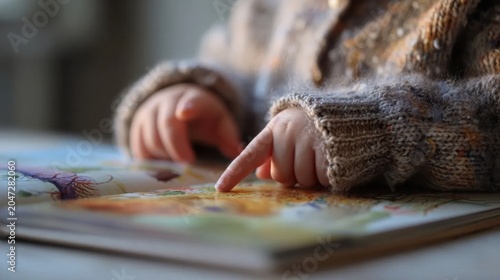 Toddler wearing cozy knitted sweater exploring a colorful picture book with tiny fingers while sitting at a table in soft natural light