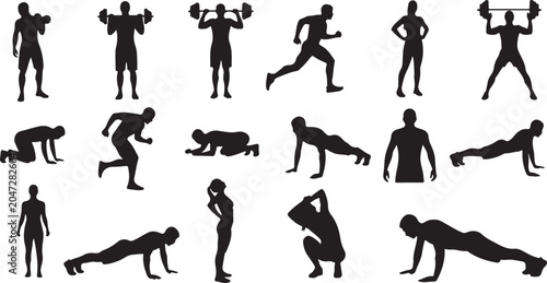 Black silhouette fitness icons, workout vector graphics, exercise illustrations, 20 people
