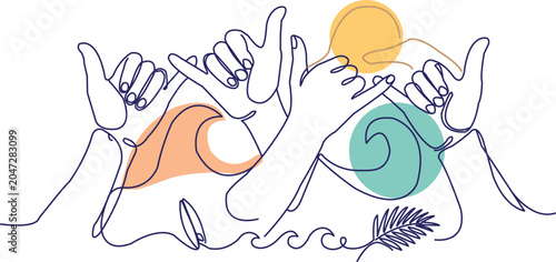 Photography Abstract continuous line drawing of hands making surfing hand sign