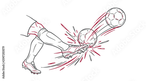 Illustration of a soccer player kicking a ball with motion lines, dynamic sports action concept