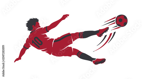 Soccer player silhouette kicking a ball isolated on white background