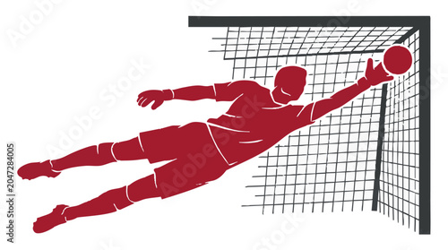 Goalkeeper making a save in soccer, diving to catch the ball in the goal corner