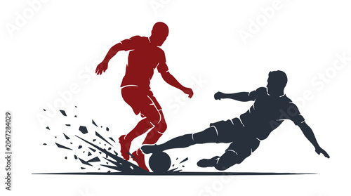 Soccer player dribbling past a defender with a sliding tackle isolated on white background
