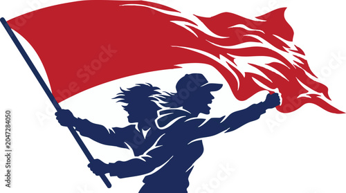 Silhouette of two young protesters holding a large red flag, representing activism, revolution, and social movement