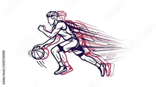 Basketball player dribbling ball, dynamic motion effect, isolated on white background