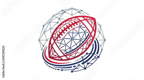 American football ball icon with digital network connection lines and dots isolated on white background