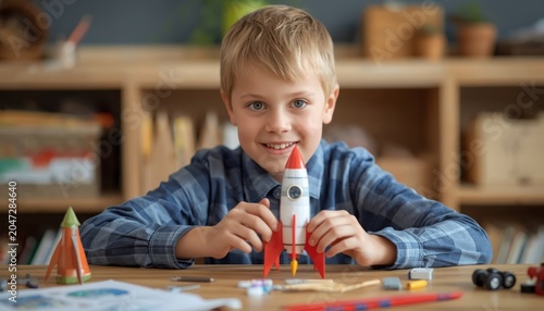 There is a young boy sitting at a table playing with a toy rocket