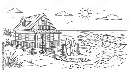 Beach house with wooden walkway stairs.