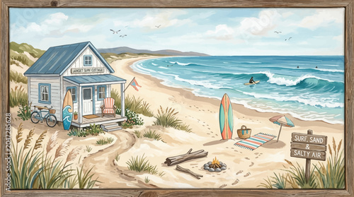 Beach house with blue roof.