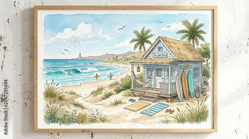 Beach house with surfboards on sand.