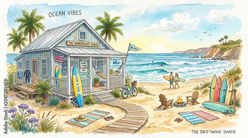 Beach surfboard shop with colorful boards.