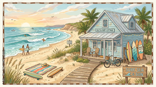 Beach house with surfboards on wall.