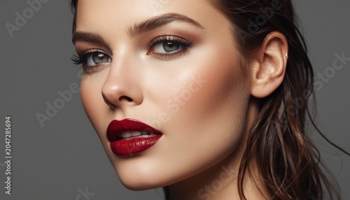 Portrait of a beautiful young woman with red lipstick and smoky make - up