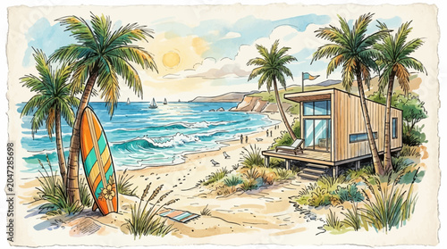 Surfboard on the sandy beach shore.
