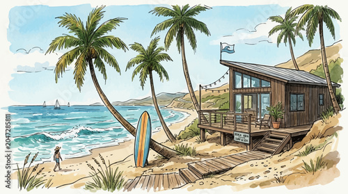 Beach house with palm trees nearby.