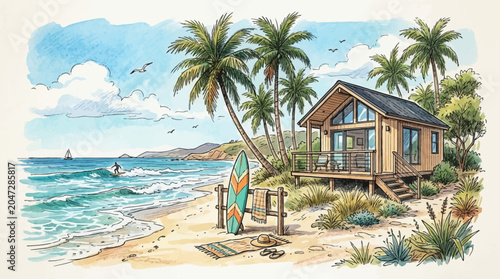 Beach house with palm trees standing.