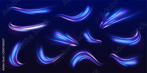 Foto Curving and swirling dynamic abstract glowing neon blue light trails set on dark spacious environment