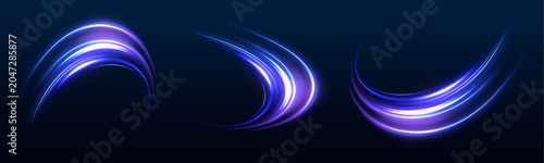Cuadro en lienzo Curving and swirling dynamic abstract glowing neon blue light trails set on dark spacious environment