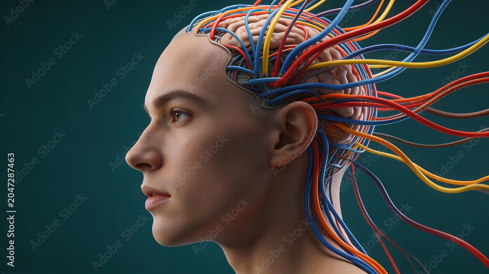 Naklejka premium Human head with colorful neural connections emphasizing advanced technology and cybersecurity