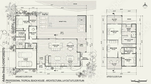 Slika na platnu Architectural floor plans of a professional beach house including ground and upp