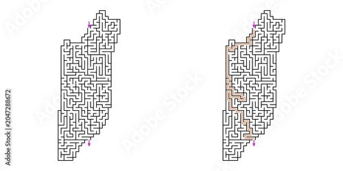 Map of Belize Abstract labyrinth shaped maze puzzle vector outline with answer in orange lines with purple arrows, graphic illustration for Kids activity page, Printable game and books publishing