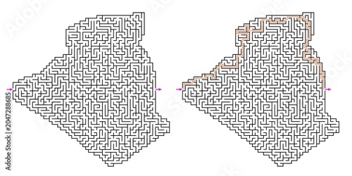 Map of Algeria Abstract labyrinth shaped maze puzzle vector outline with answer in orange lines with purple arrows, graphic illustration for Kids activity page, Printable game and books publishing