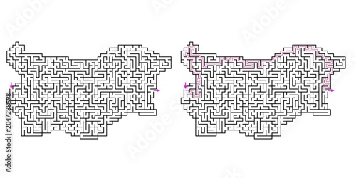 Map of Bulgaria Abstract labyrinth shaped maze puzzle vector outline with answer in pink lines with purple arrows, graphic illustration for Kids activity page, Printable game and books publishing