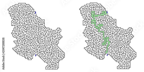 Map of Serbia Abstract labyrinth shaped maze puzzle vector outline with answer in green lines with blue arrows showing direction , graphic illustration
