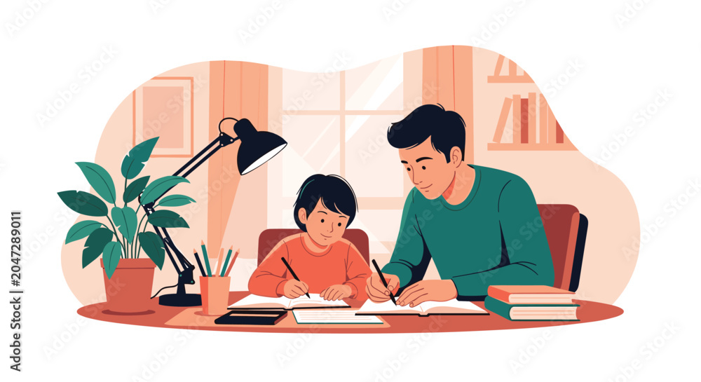 Fototapeta premium Dedicated father sits at a desk and helps his young son with his school homework in a warm and supportive home learning environment.